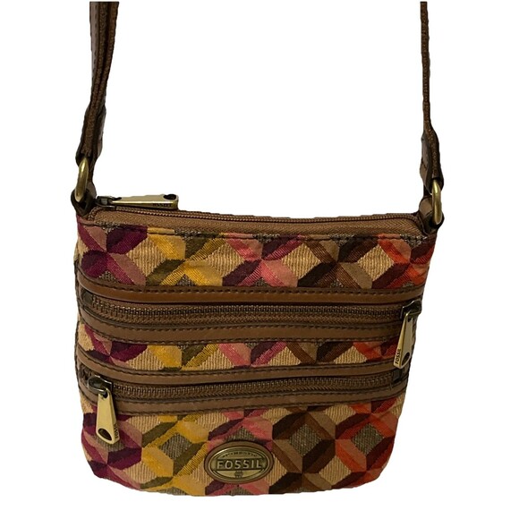 Stunning Multicolor Diamond 3 Zipper Fossil Textile And Leather Crossbody Purse - Picture 1 of 6